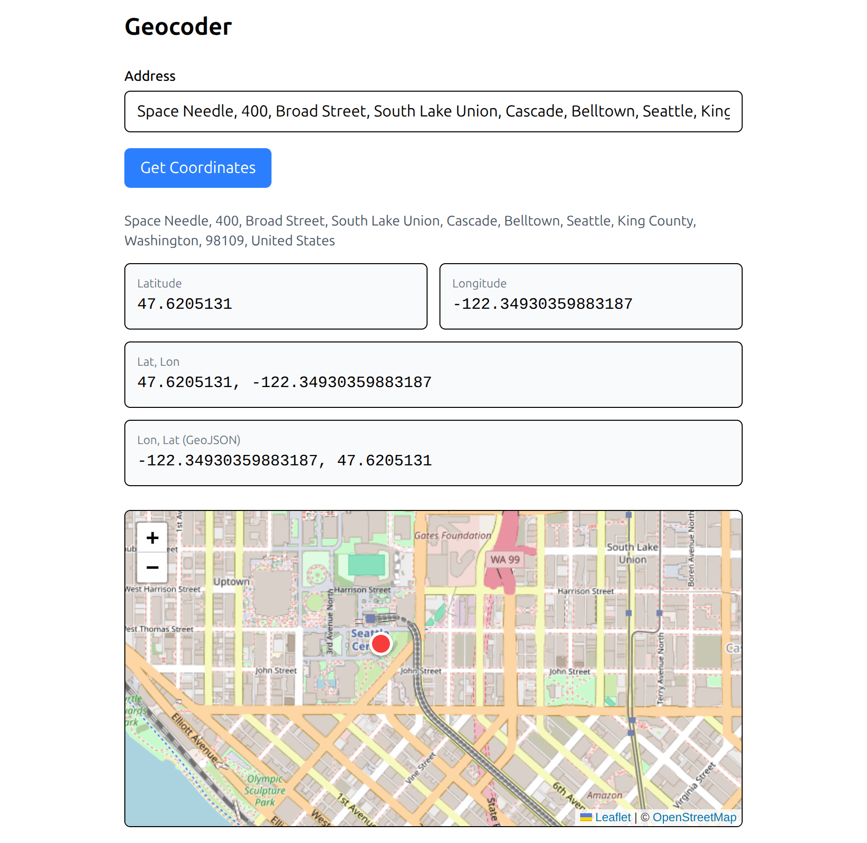 Geocoder web application turning a street address into latitude and longitude coordinates with a map preview of the located point.